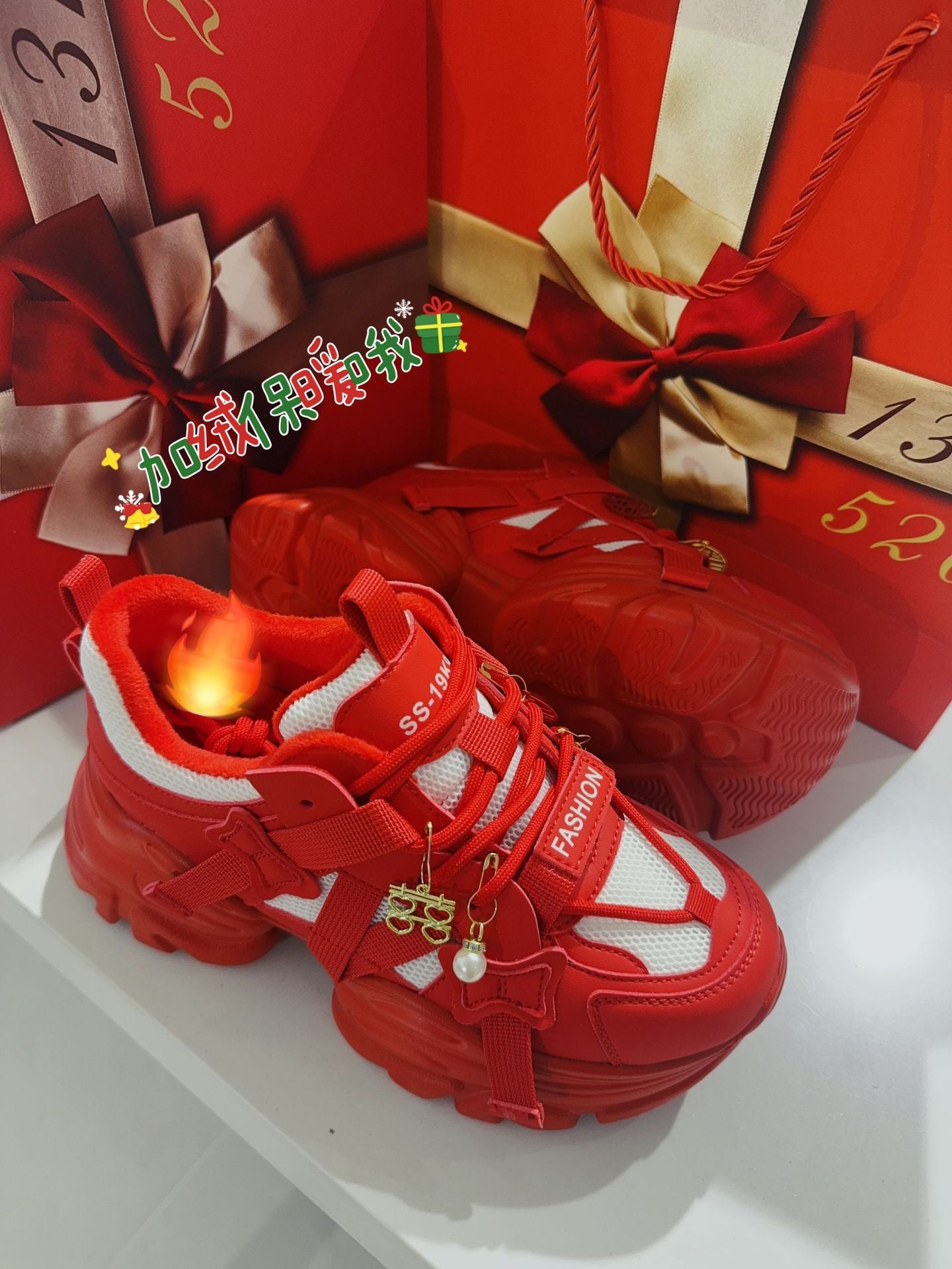 Women's Clunky Small Versatile Thick Bottom Red Sports Leisure Sneakers