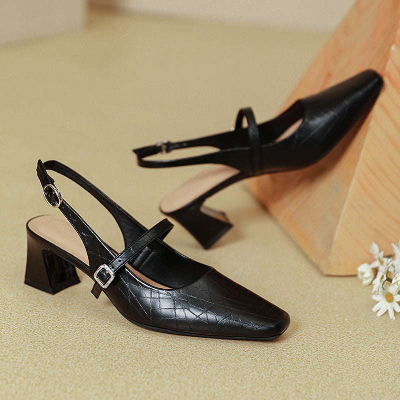 Women's French Mary Jane Closed Toe Chunky Heels