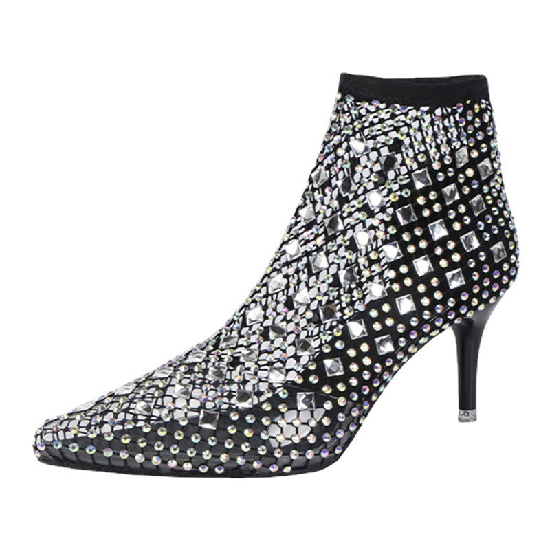 Women's Sexy Chuck Stiletto Mesh Stockings Hollow Rhinestone Transparent Heels