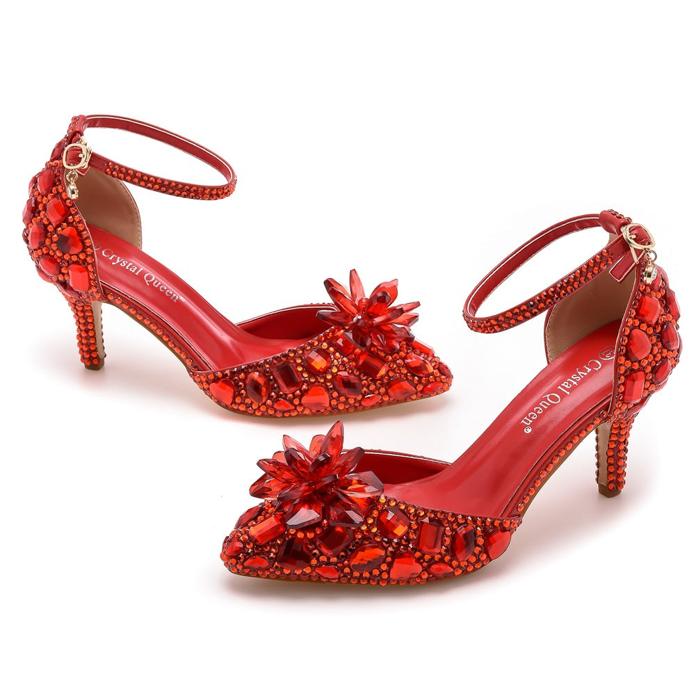Women's Plus Size Stiletto Pointed Crystal Glass Flower High Champagne Heels