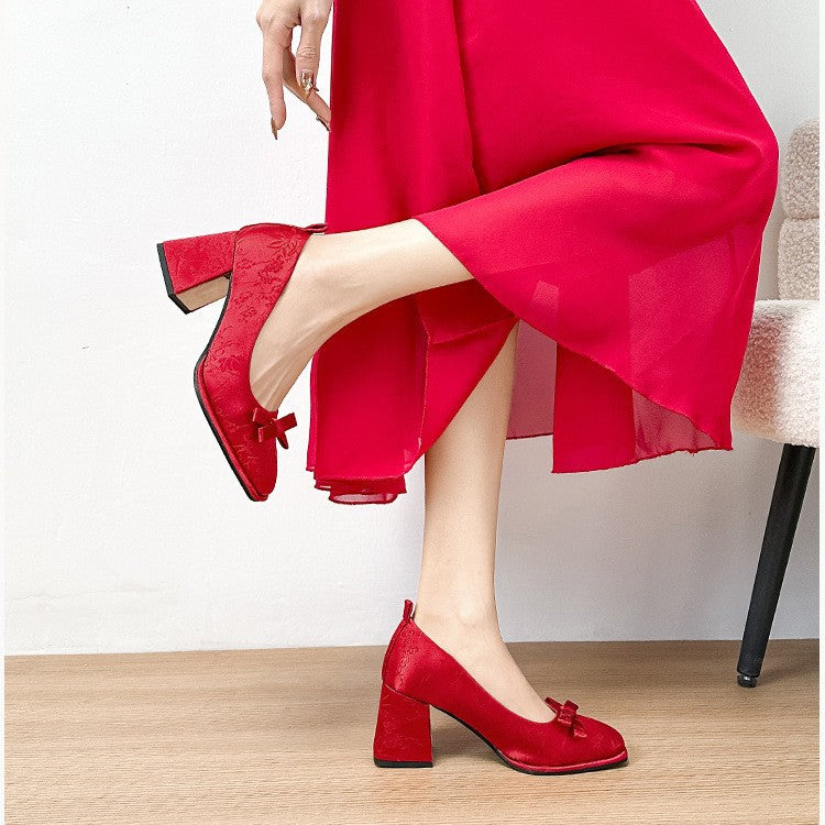 Women's High Chunky Red Wedding Retro Cheongsam Embroidered Square Toe Women's Fashion Shoes