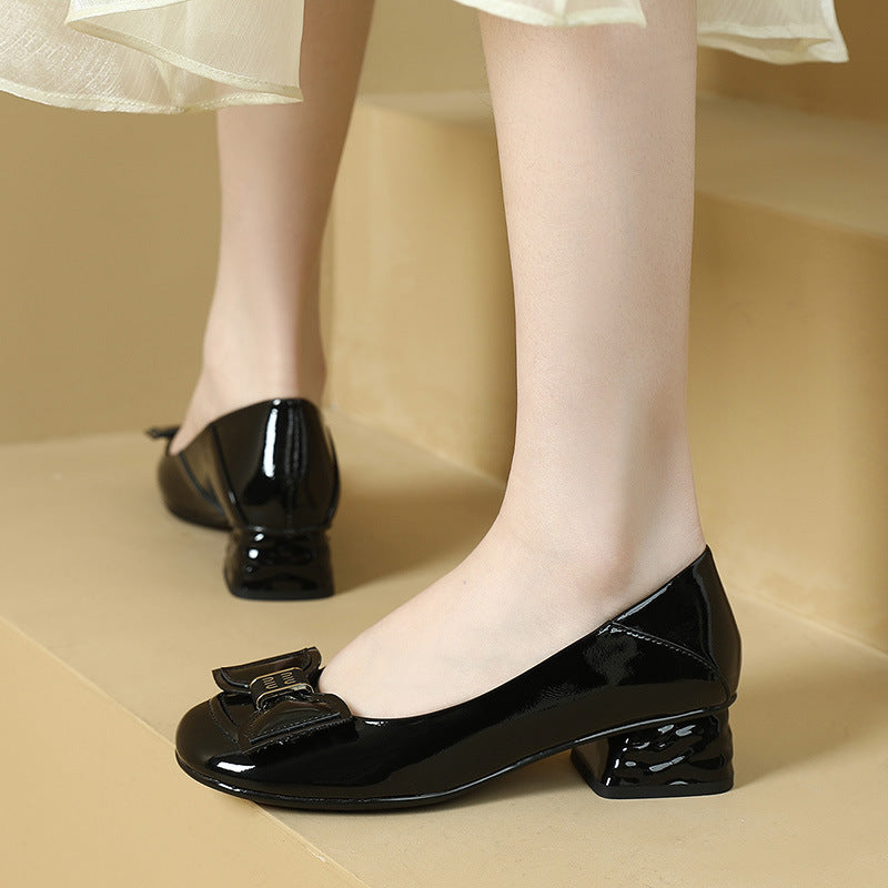 Women's Toe Shallow Mouth Mid Patent Cowhide Comfortable Women's Shoes