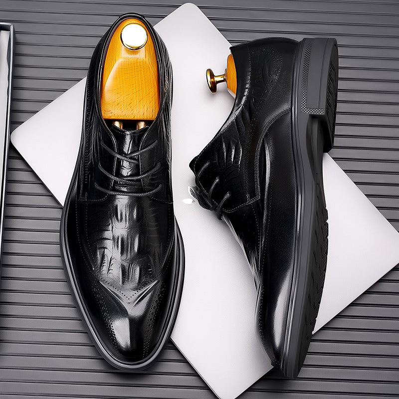 Men's Layer Cowhide Brogue Crocodile Pattern Breathable Men's Business Leather Shoes