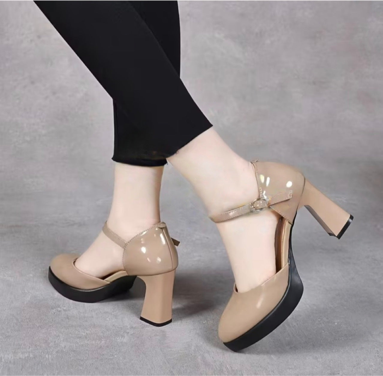 Women's Closed Toe Buckle Genuine Patent Pumps Heels