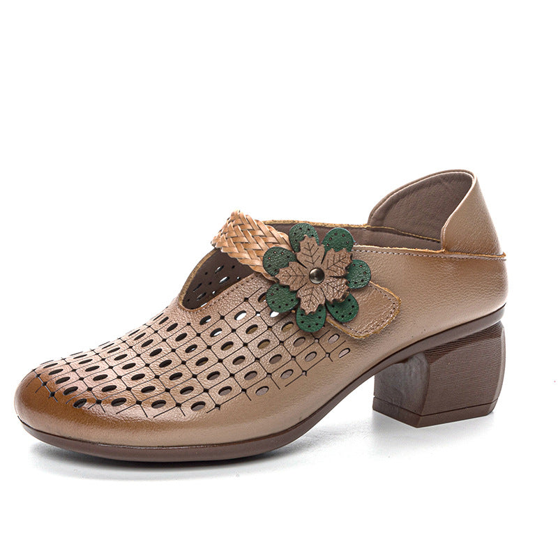 Women's Thick Soft Bottom First Layer Cowhide Retro Style Heels