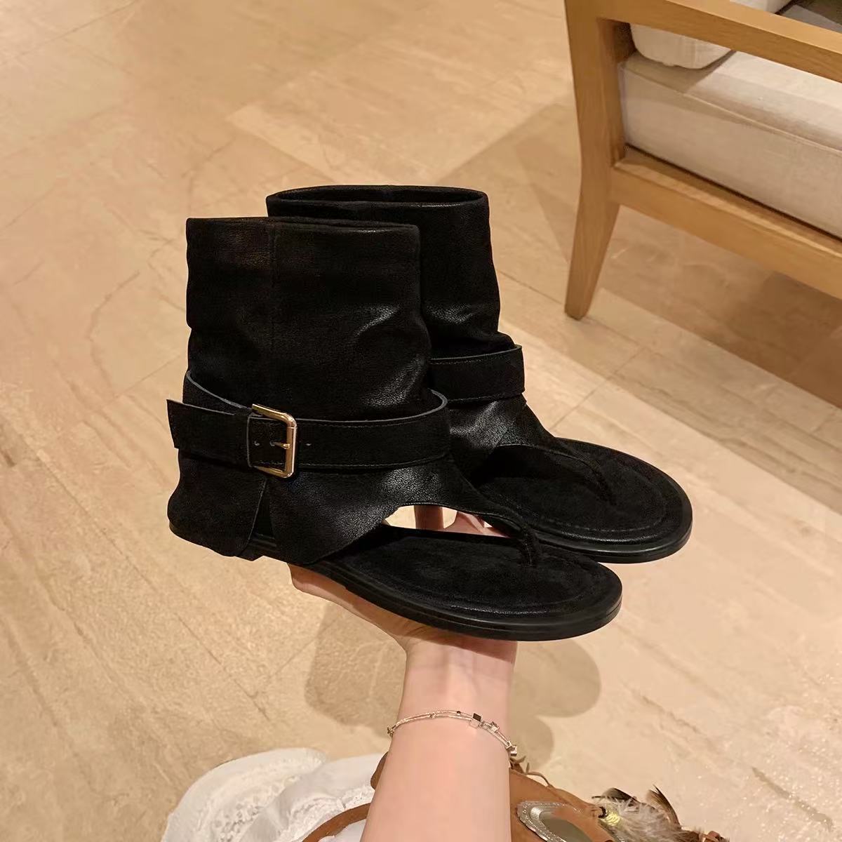 Retro Belt Buckle Height Increasing Insole Black Slimming Casual Shoes