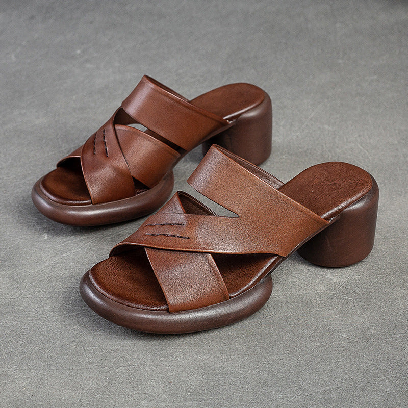 Women's Hollow Breathable High Top Layer Cowhide Heels
