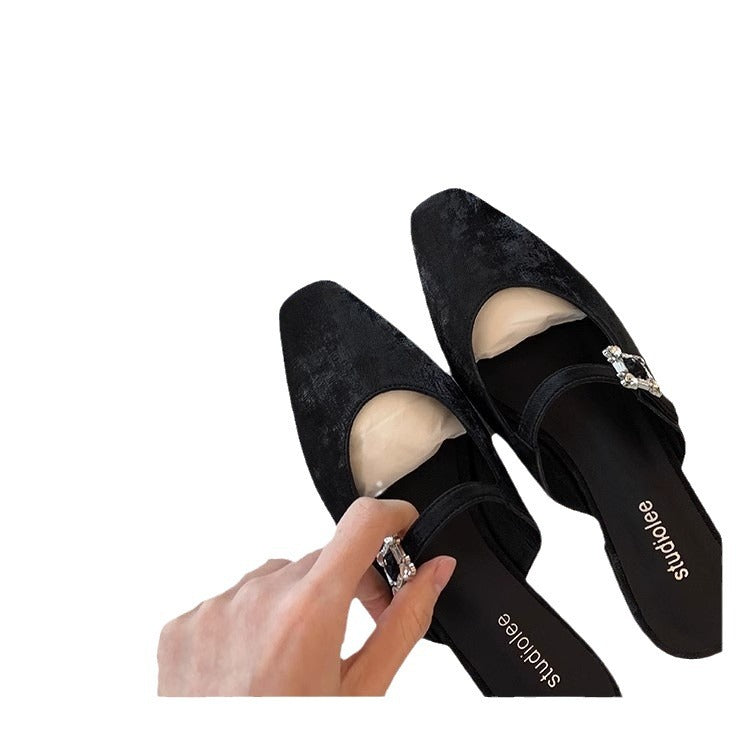 Women's French Square Toe Drill Buckle Low Muller Closed Half Sandals