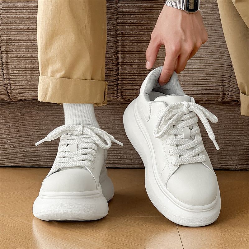 Men's White Simple Solid Color Hight Increasing Trendy Men's Board Shoes