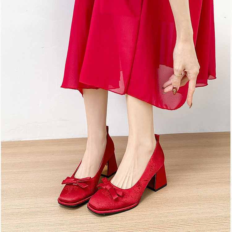 Women's High Chunky Red Wedding Retro Cheongsam Embroidered Square Toe Women's Fashion Shoes