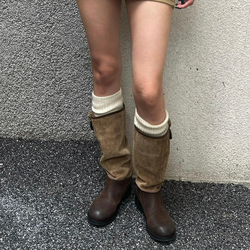 Women's Retro Pleated Pile Style Middle Belt Buckle Big Tube Boots