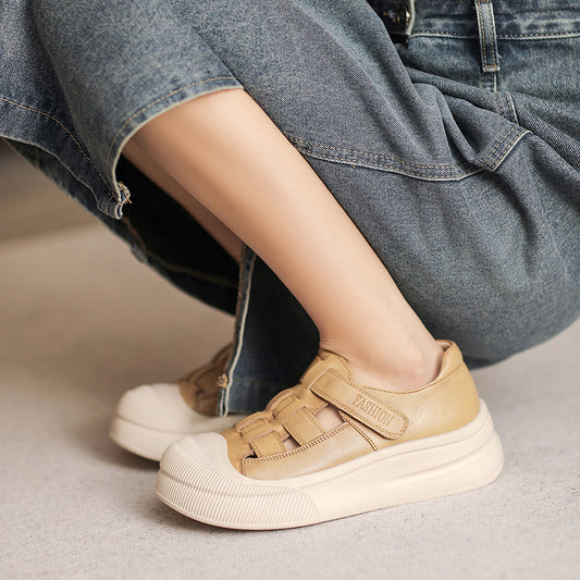 Thick Bottom Toe Cap Hollow Top Layer Cowhide Sandals