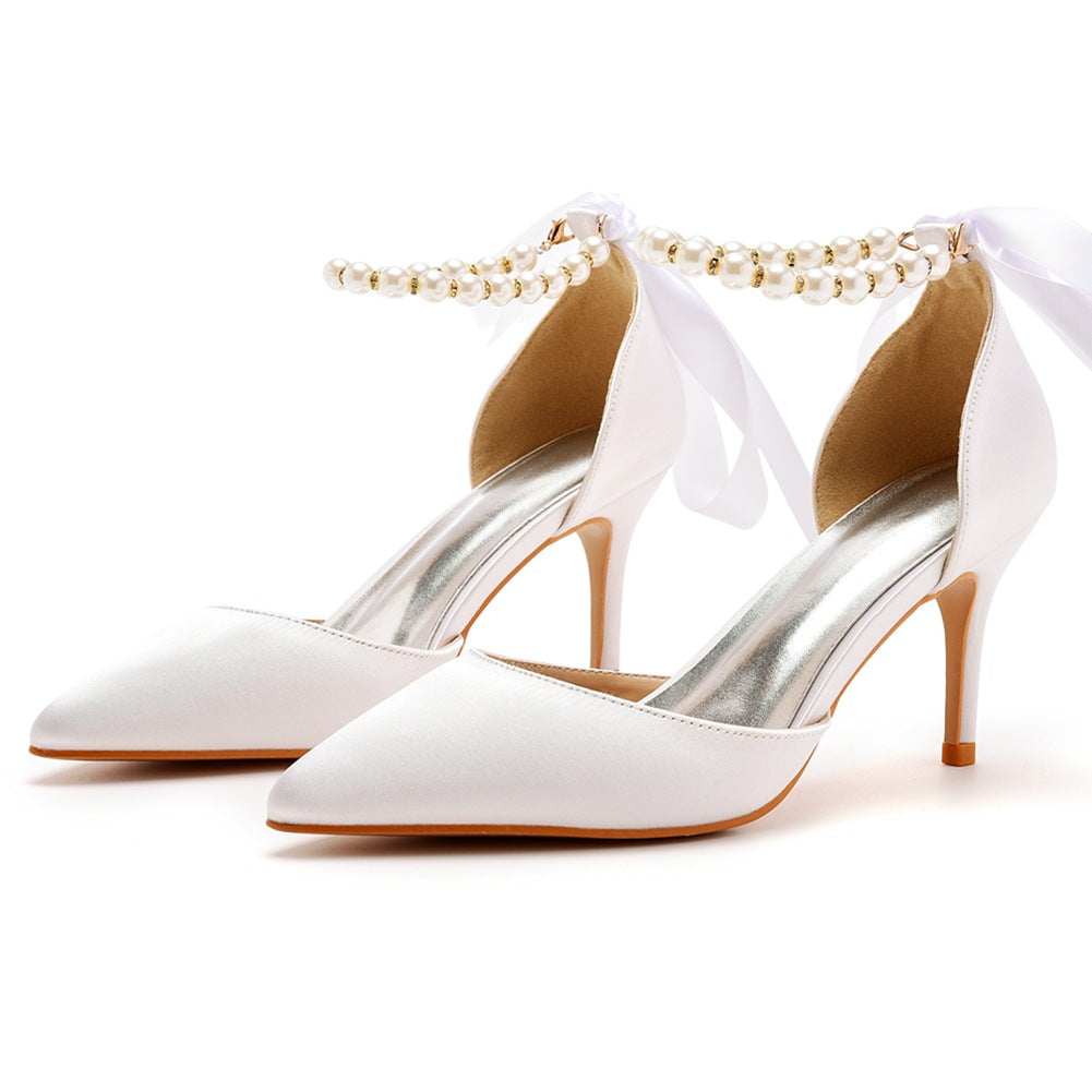 Women's & Men's Plus Size Banquet Ribbon Beaded High Satin Heels