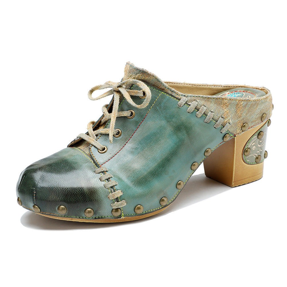 Genuine Hand-rub Color Retro Street Style Rivet Heels