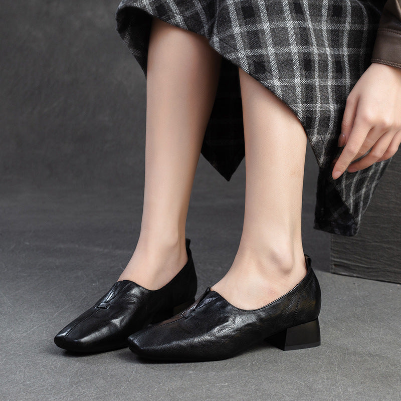 Women's French Square Head Small Chunky Pumps Loafers