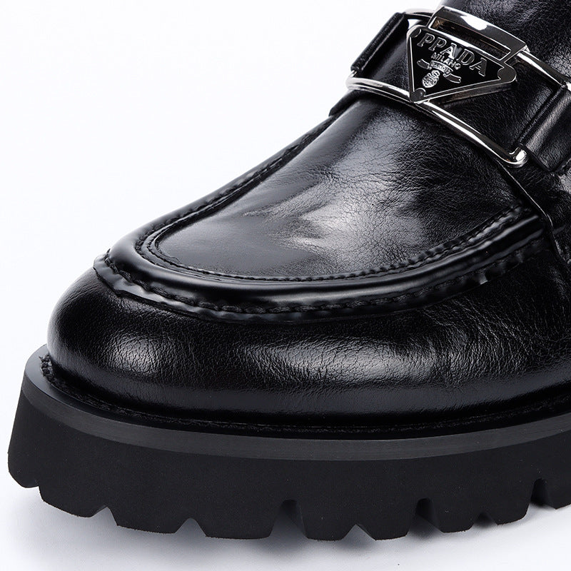 Men's Chain Buckle Platform Top Layer Cowhide Leather Shoes