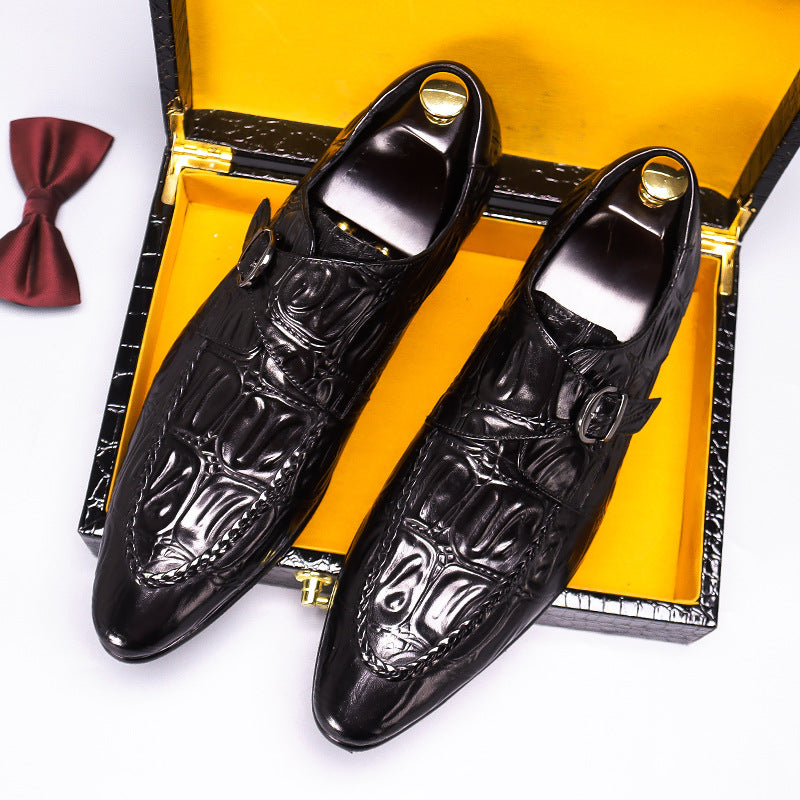 Men's Alligator Pattern Formal Wear First Layer Cowhide Pointed Men's Business Leather Shoes