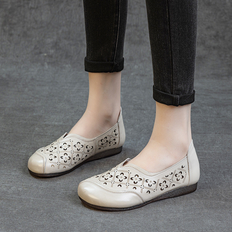 Women's & Men's Layer Cowhide Hollow Retro Flat-heeled Soft Bottom Slip-on Casual Shoes
