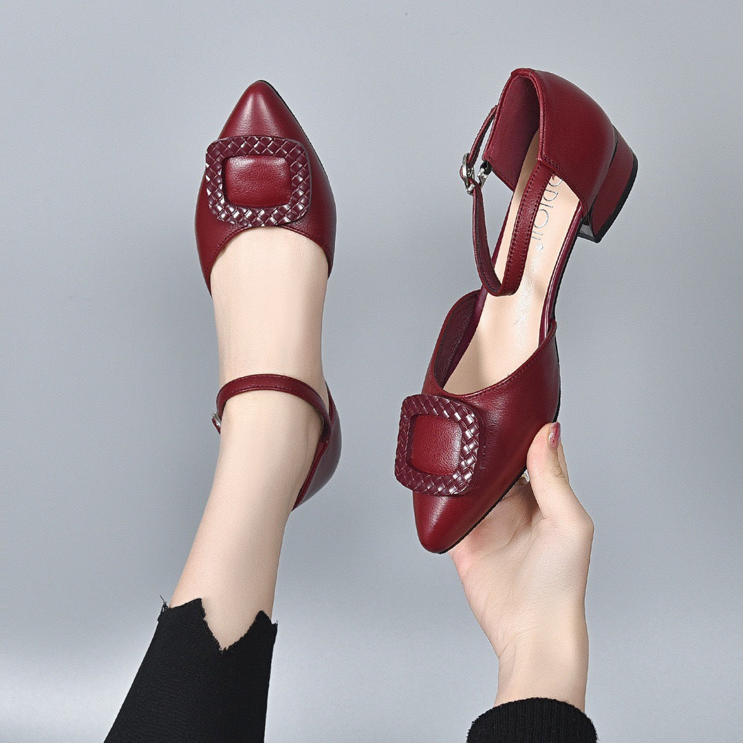Women's Closed Toe Buckle Low Summer Genuine Heels