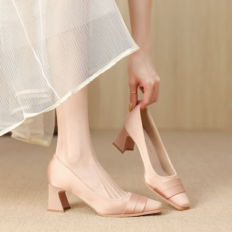 Women's French Style Satin Pointed High Bridesmaid Fairy Beautiful Wedding Genuine Women's Fashion Shoes