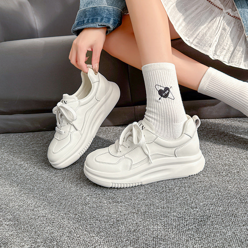 Women's Layer Calf Lace Up Round Head Sneakers