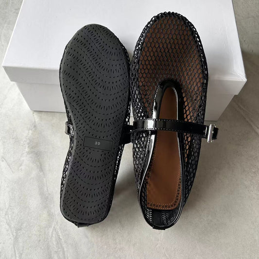 Mesh Buckle Ballet Round Toe Flat Sneakers