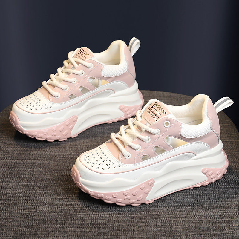 Women's Hollowed White Summer Height Increasing Insole Casual Shoes