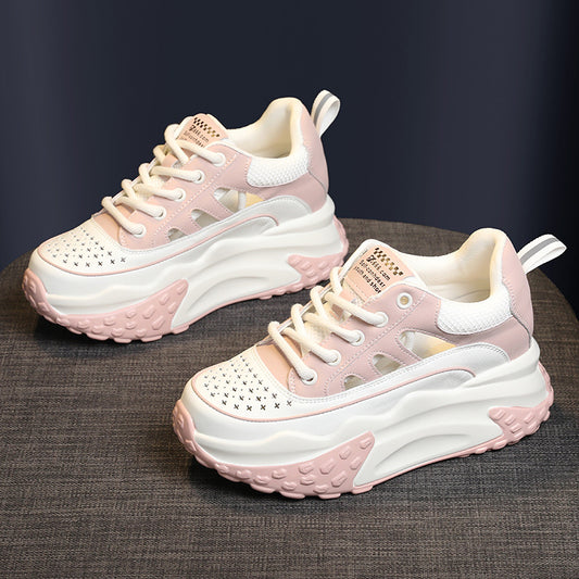 Women's Hollowed White Summer Height Increasing Insole Casual Shoes