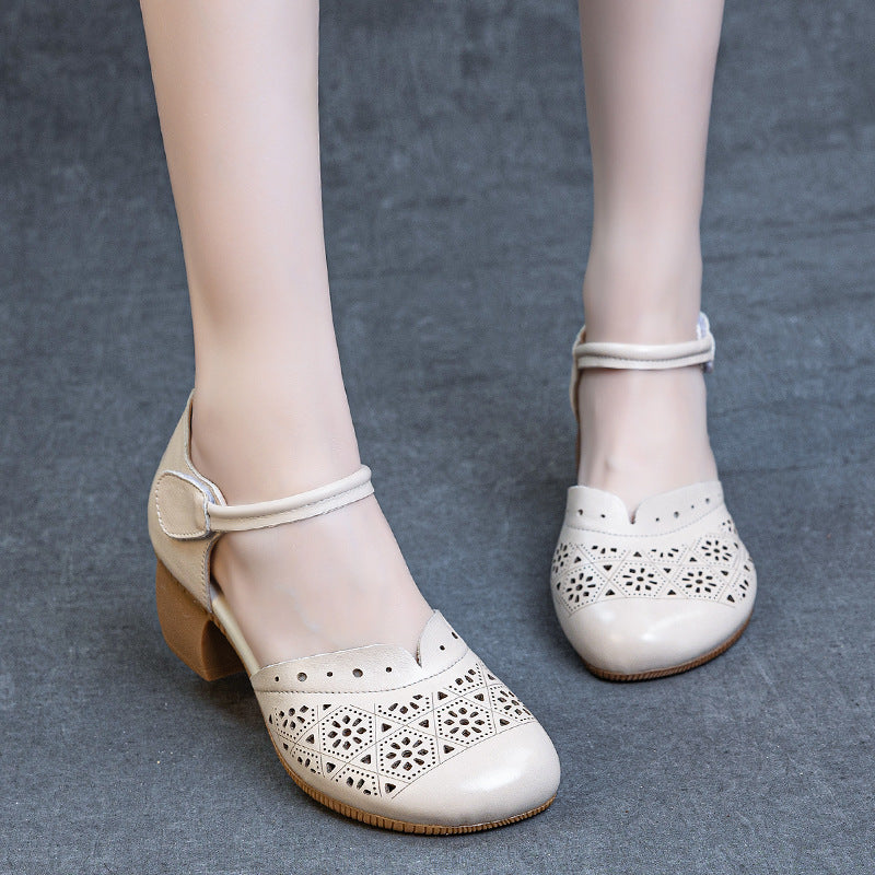 Women's Hollowed Summer First Layer Cowhide Closed Toe Heels