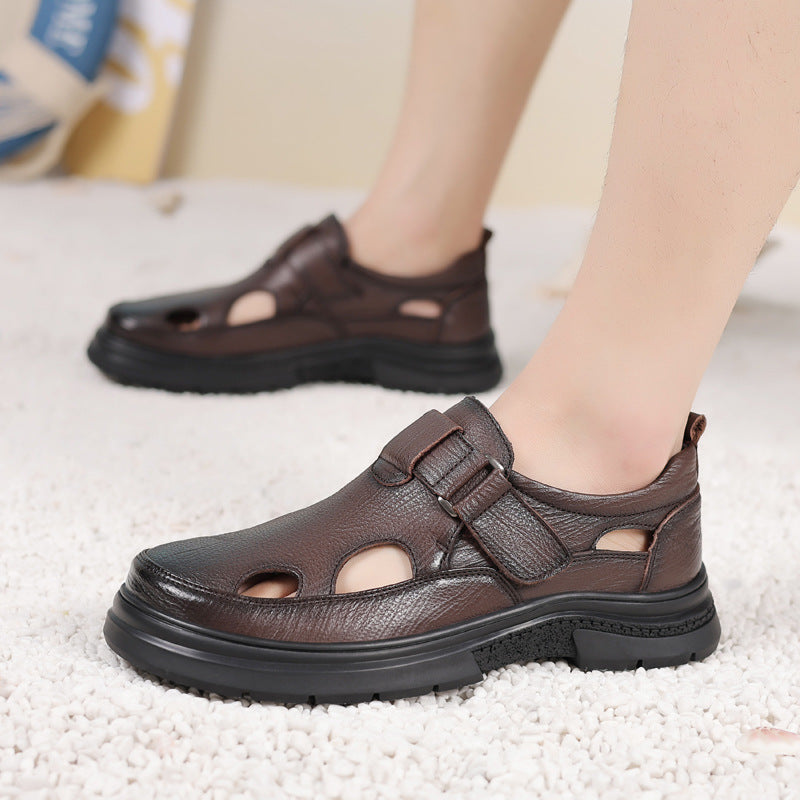 Men's Closed Toe Velcro Hole Genuine Hollow Sandals