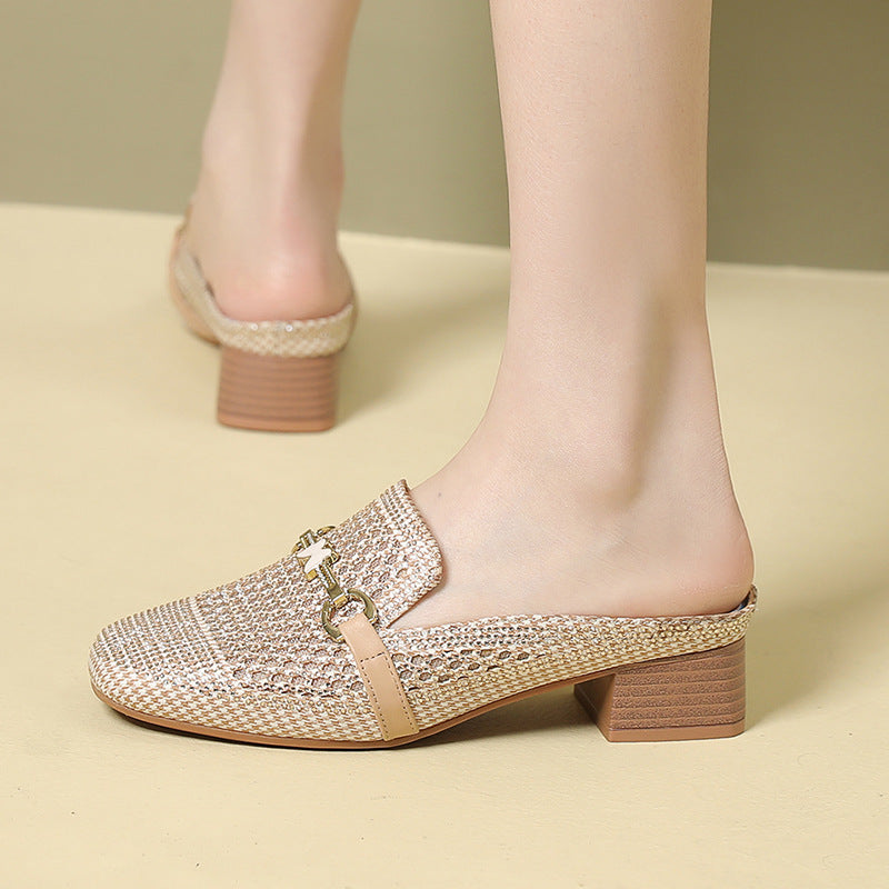 Outdoor Flat Fashion Korean Style Rhinestone Hollowed Toe Box Sandals