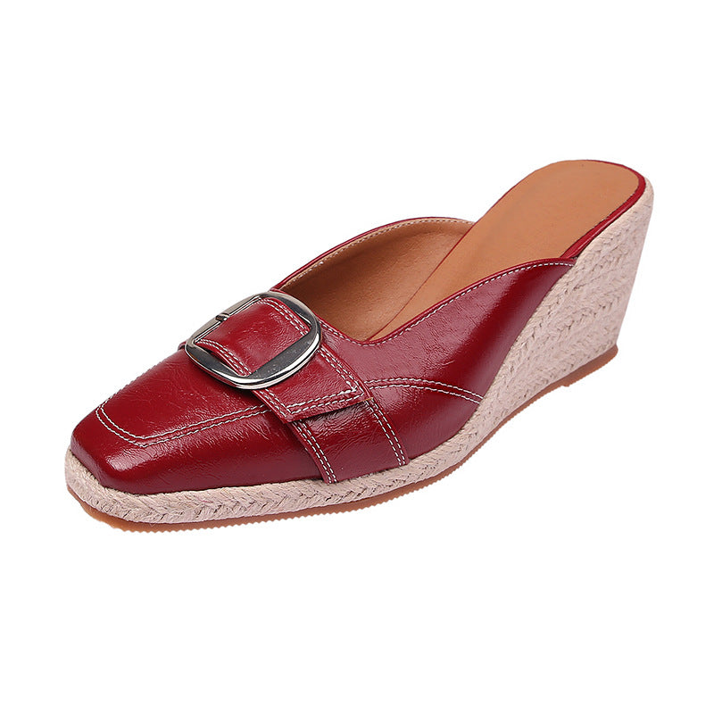 Women's Toe Wedge Closed Buckle High Platform Straw Woven Slippers