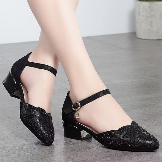 Women's Summer Mesh Thick Toe Box Hollow Heels