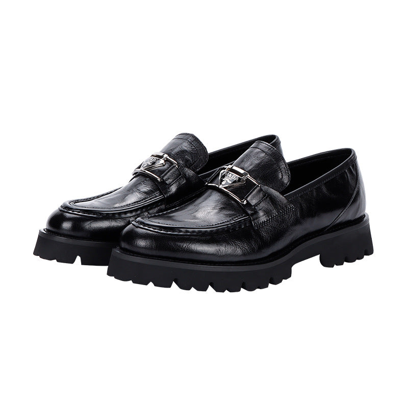 Men's Chain Buckle Platform Top Layer Cowhide Leather Shoes