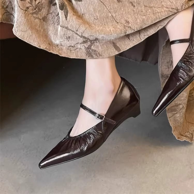 Women's Sheepskin Pointed Toe Mary Jane With Chunky Flat Shallow Women's Fashion Shoes