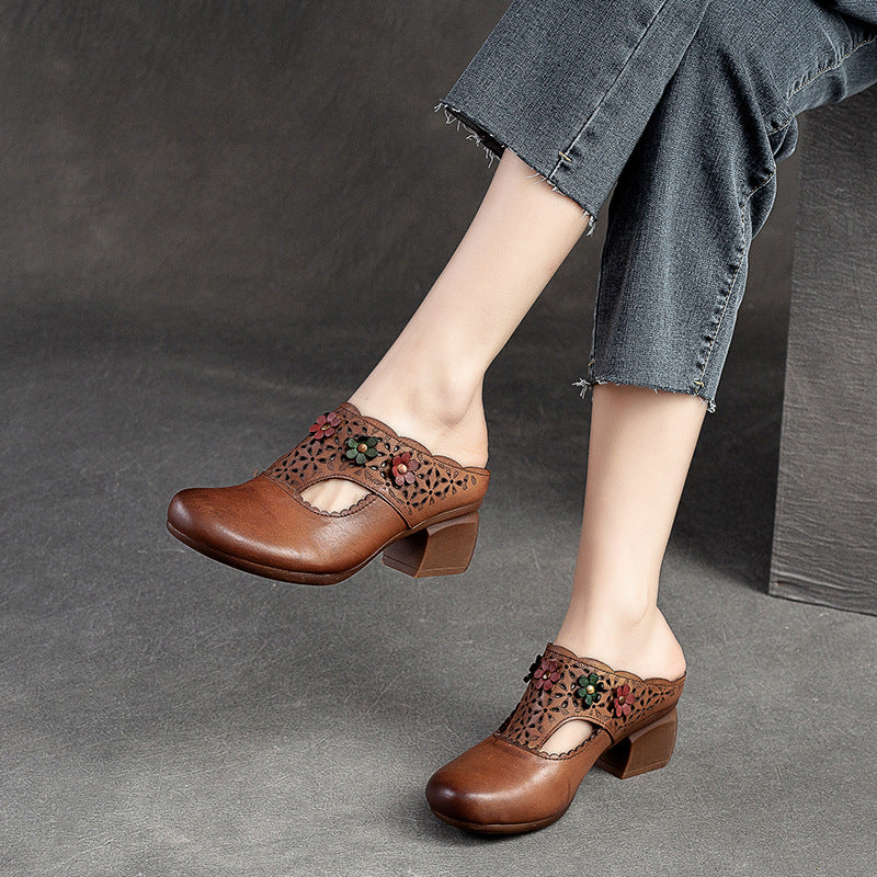 Women's Style Little Flower High Round Toe Heels