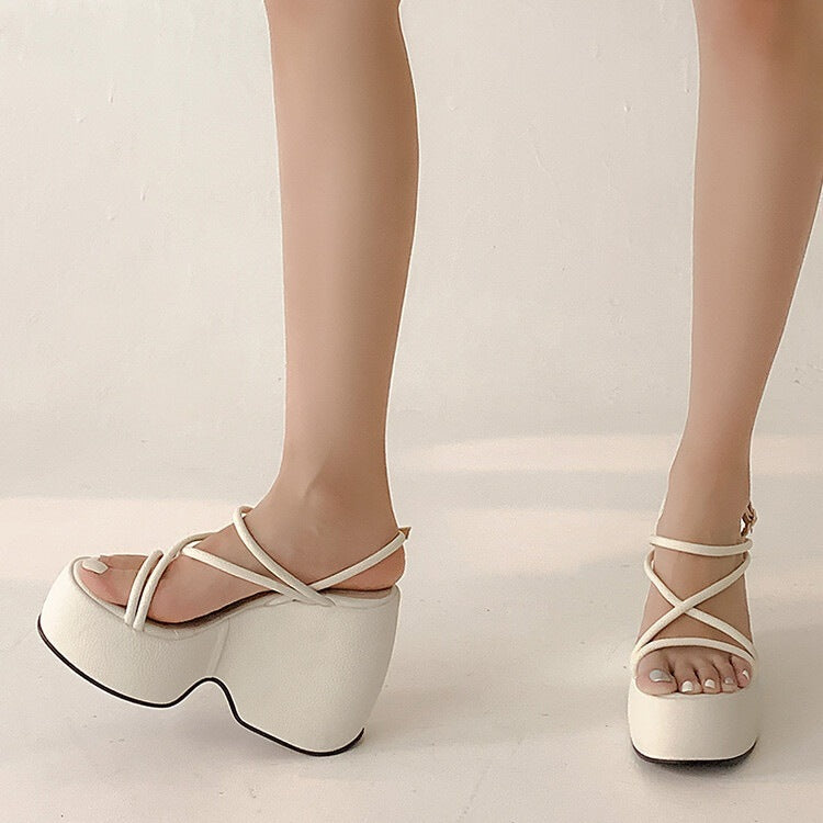 Round Toe Thin Strap Open Platform Sandals
