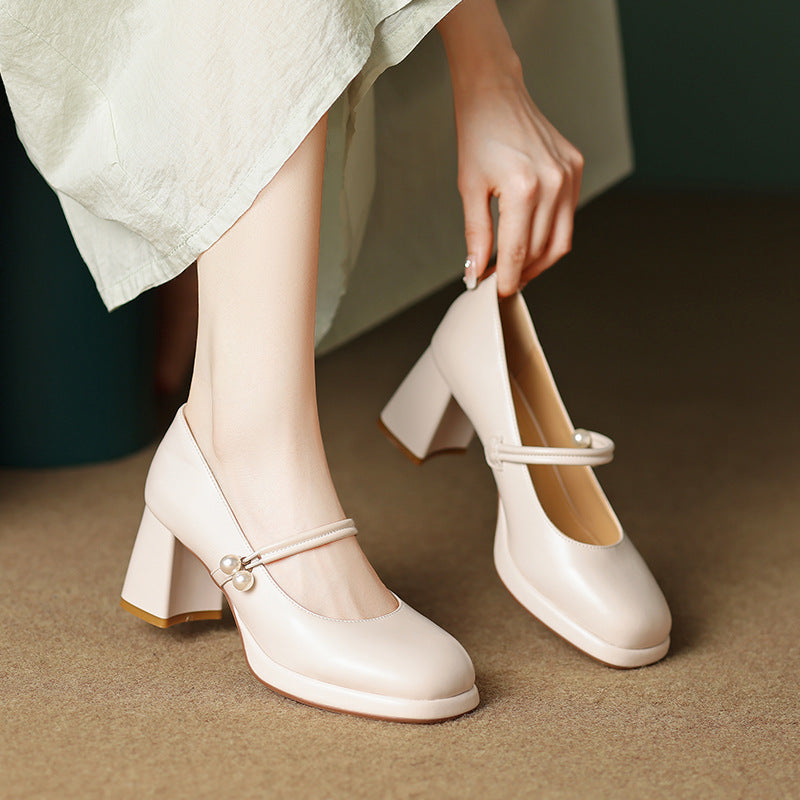 Women's Mary Jane Chunky Pumps Pearl French Retro High With Casual Shoes