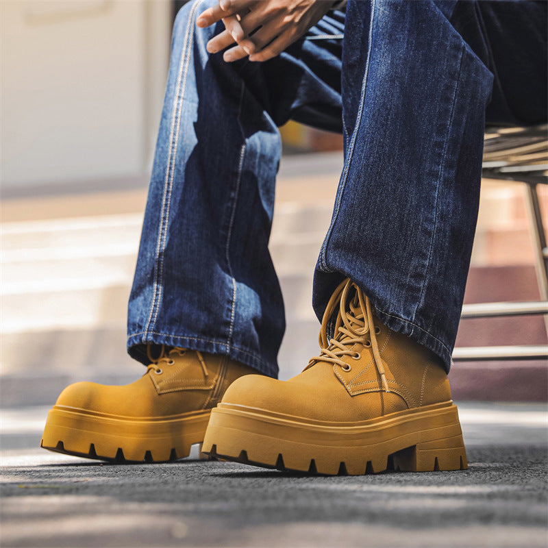 Men's Trendy Hiking Platform Derby Martin Height Increasing British Style Big Men's Casual Leather Shoes