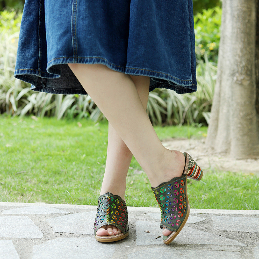 Handmade Genuine Brushed Retro Colorful Hollow Sandals