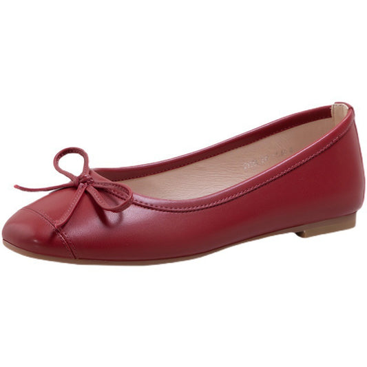 Women's Calfskin Flat Round Toe Bowknot Shallow Casual Shoes