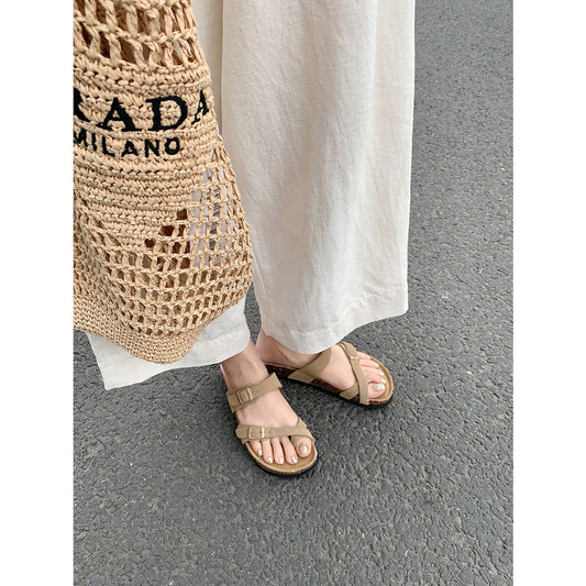 Women's Su Cowhide Summer Wear Toe Covering Slippers