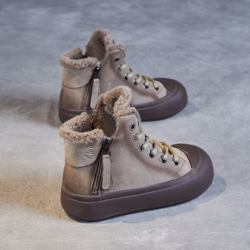 Women's Vintage Winter Double Zipper Fur Integrated Boots