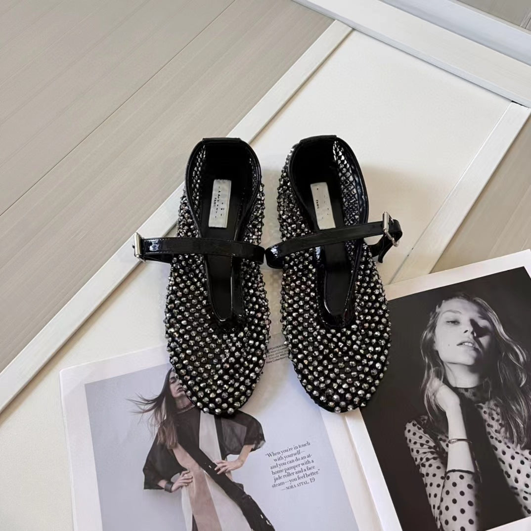 Summer Buckle Ballet Full Diamond Flat Women's Shoes