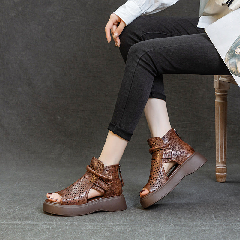Women's Layer Cowhide Platform Muffin Breathable Retro Sandals