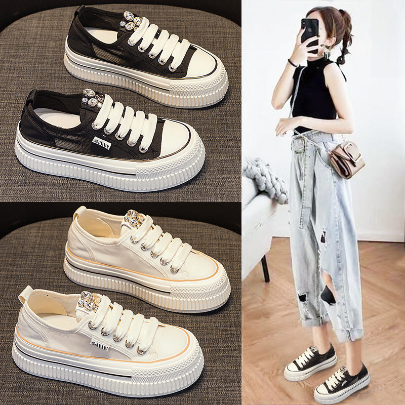 Women's White Platform Summer Versatile Mesh Leisure Rhinestone Women's Sports Shoes