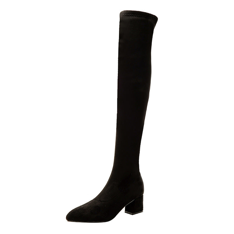 Women's Black Thick Simple Stretch Thin Cover Boots