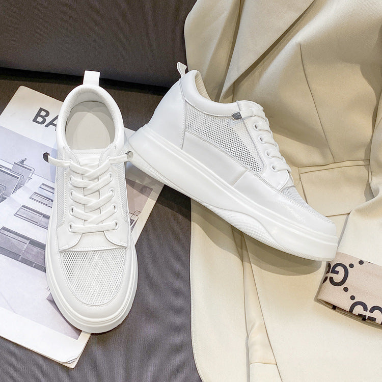Women's Mesh White Height Increasing Insole Wedge Platform Sneakers