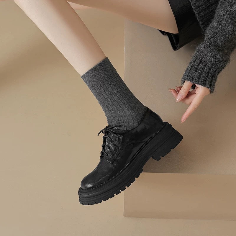 Women's Black Genuine Pumps Thick Bottom British Style Women's Casual Shoes