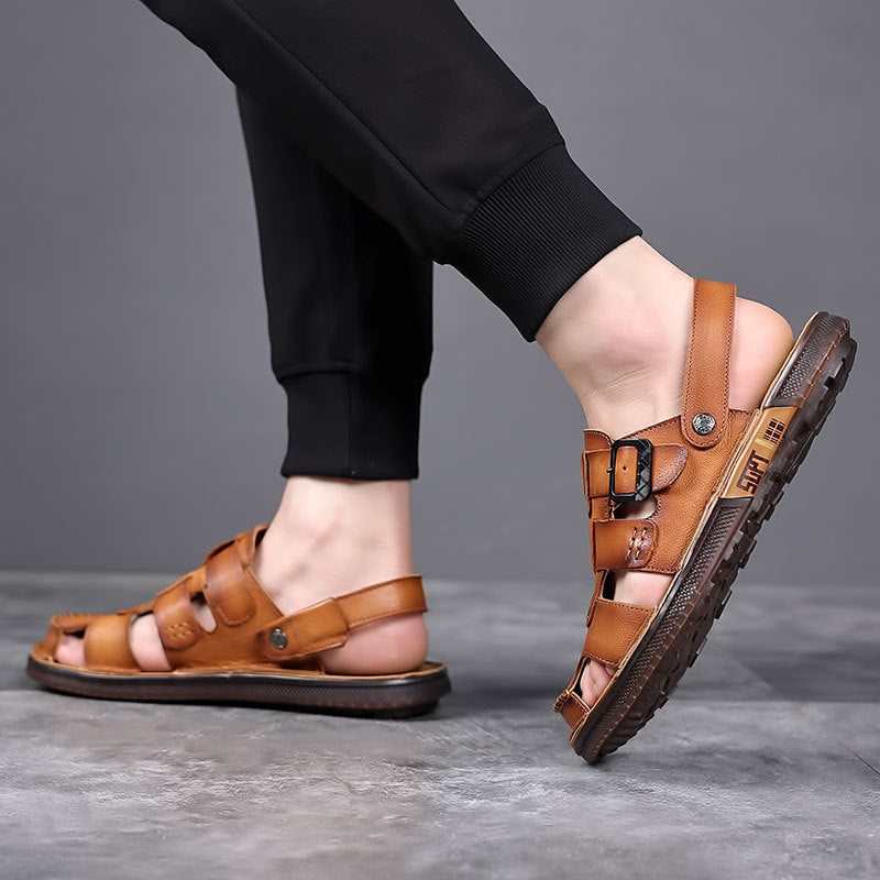 Men's Toe Outer Wear Genuine Beach Driving Full Cowhide Soft Sandals